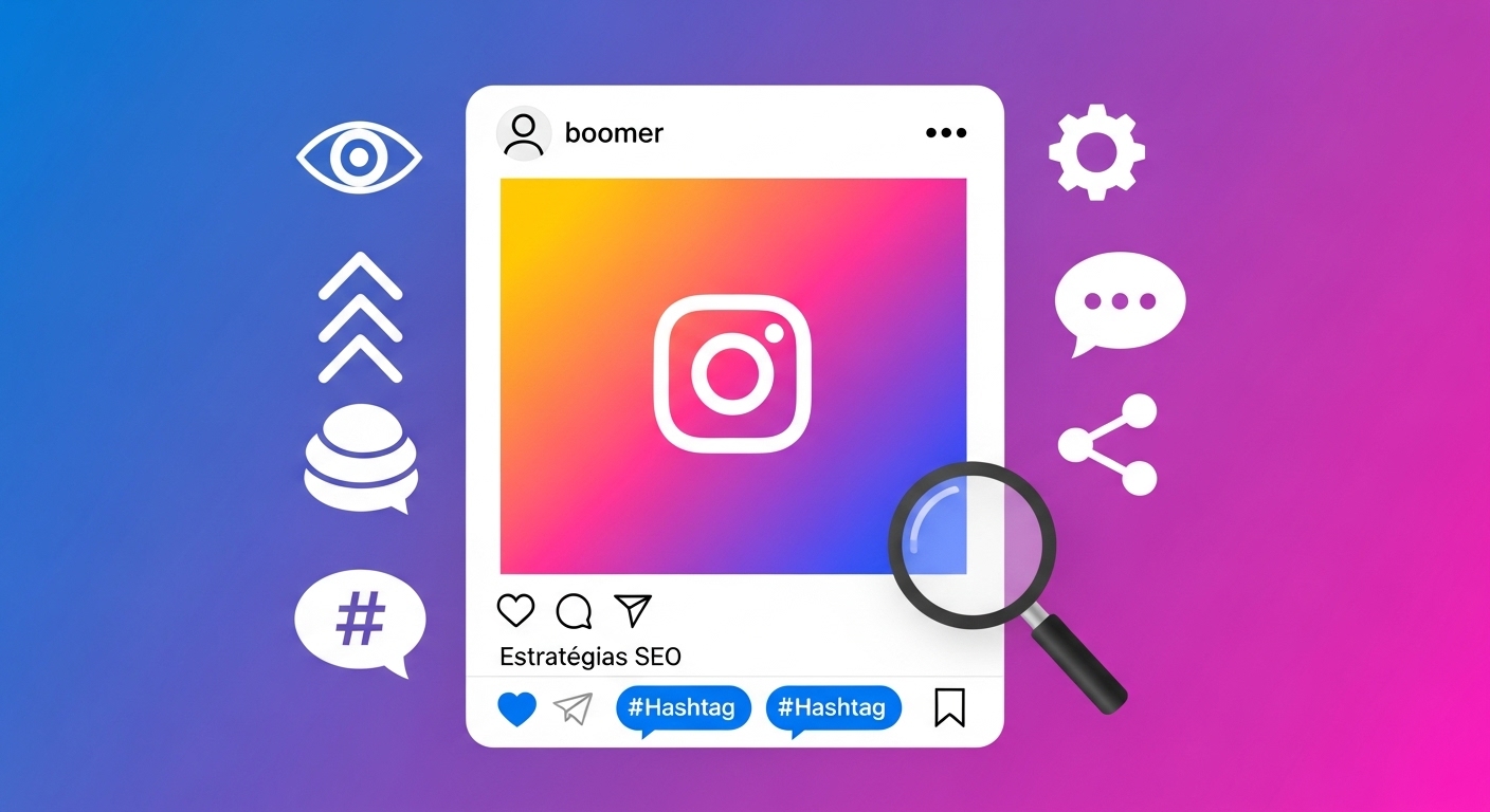 Ilustração de uma interface do Instagram com o logotipo central, acompanhada de ícones de engajamento e uma lupa, e o texto 'Estratégias SEO'. Representa a aplicação de SEO para redes sociais, como o Instagram.