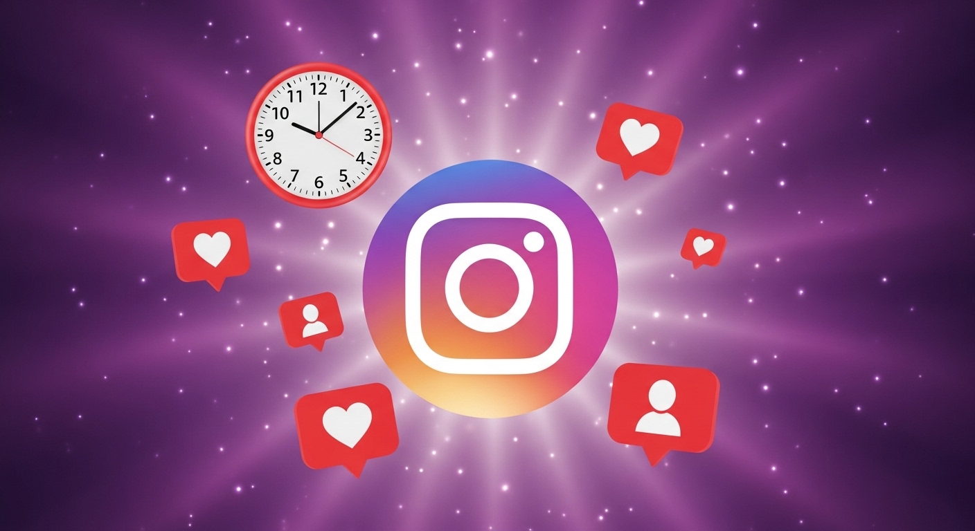 Truque para aumentar engajamento no Instagram: como elevar suas interações e alcançar mais pessoas 3 A imagem de um relógio e ícones de notificação de engajamento ao redor do logo do Instagram enfatiza a relevância do timing e da frequência das postagens, o que pode ser um truque para aumentar engajamento na plataforma.