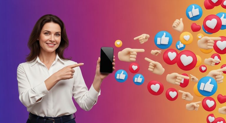Pessoa apresentando um iphone, com um fundo de ícones de redes sociais coloridos. A imagem destaca a importância da presença digital e da interação para quem busca crescer no Instagram em 2025.