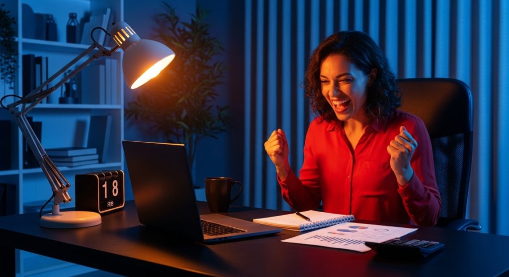 Uma mulher animada diante do seu laptop, possivelmente celebrando um marco ou resultado positivo. Isso reflete a energia e o potencial de sucesso ao criar conteúdo no Instagram hoje, aproveitando as ferramentas e tendências atuais. criar conteúdo hoje no instagram