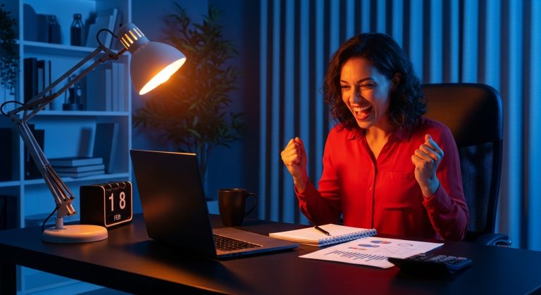 Uma mulher animada diante do seu laptop, possivelmente celebrando um marco ou resultado positivo. Isso reflete a energia e o potencial de sucesso ao criar conteúdo no Instagram hoje, aproveitando as ferramentas e tendências atuais. criar conteúdo hoje no instagram