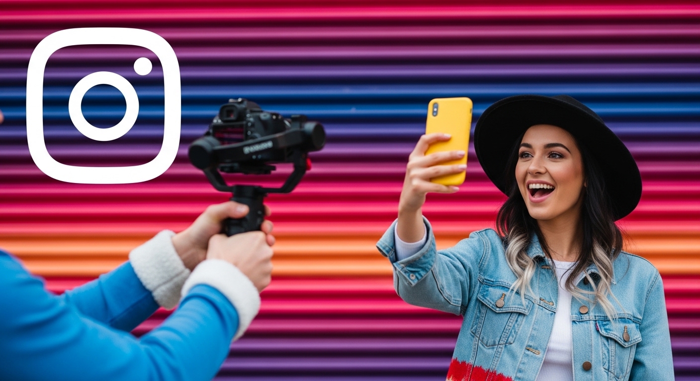 Truque para aumentar engajamento no Instagram: como elevar suas interações e alcançar mais pessoas 2 Cena de produção de conteúdo para redes sociais, com uma pessoa gravando com o celular e outra com uma câmera profissional. Isso simboliza a dedicação e o profissionalismo na criação de conteúdo, um truque para aumentar engajamento