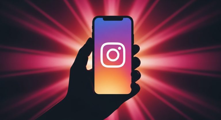 Mão segurando um iphone com a tela exibindo o logo do Instagram sobre um fundo roxo iluminado, simbolizando estratégias para viralizar no Instagram com conteúdos impactantes.