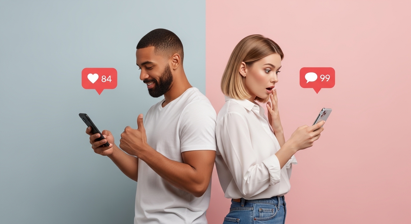 Descubra a única maneira de crescer no Instagram em 2025! 2 A imagem de duas pessoas comparando seus resultados de engajamento em redes sociais, com notificações visíveis. a única maneira de crescer no instagram em 2025