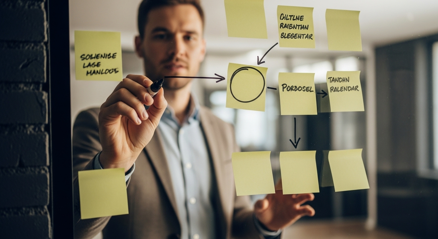 Homem planejando estratégias em um quadro com post-its, representando o desenvolvimento de um plano de conteúdo eficaz para ganhar seguidores no Instagram de forma organizada e profissional.
