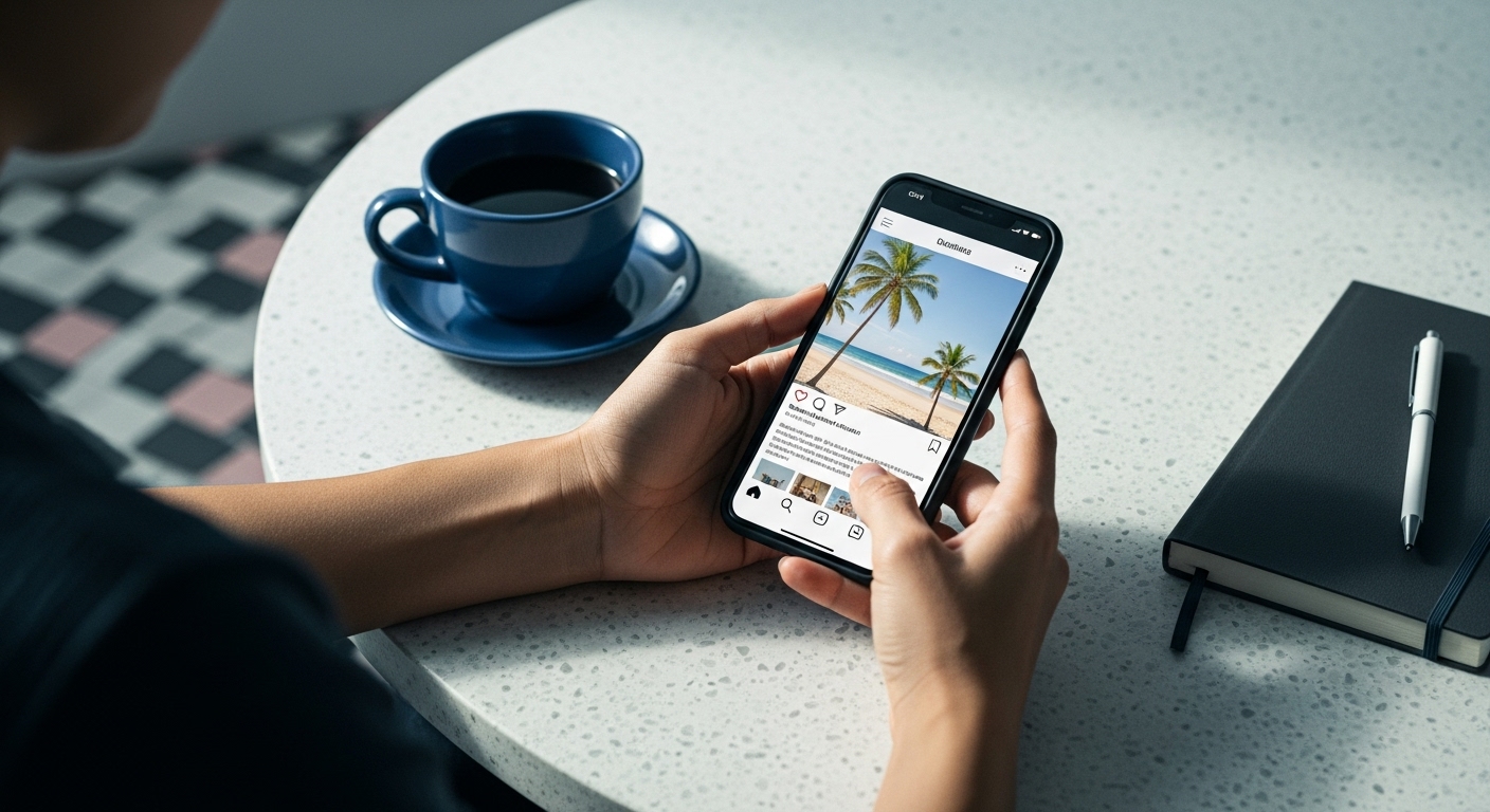 Se começasse a criar conteúdo hoje no Instagram, eu faria isso: Estratégias para construir um perfil de sucesso desde o início 1 A imagem de um smartphone exibindo uma bela foto no Instagram, com a pessoa interagindo com a tela. Isso enfatiza a importância de fotos de alta qualidade e engajadoras ao criar conteúdo hoje no Instagram para capturar a atenção do público.