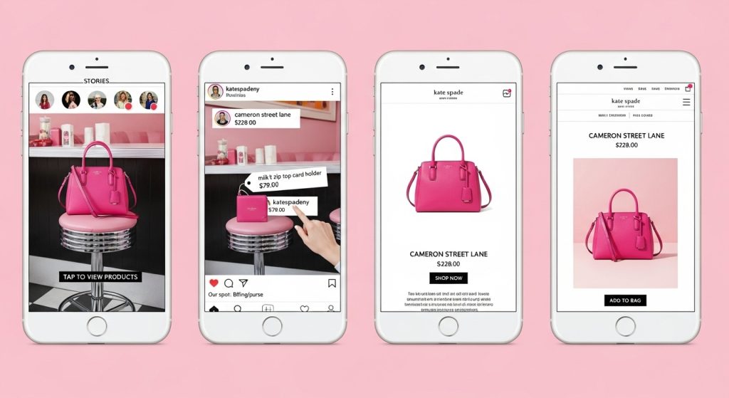 quarto iphones com o instagram aberto no shopping do app, com fundo rosa mostrando 3 formas de fazer o instagram da sua loja crescer