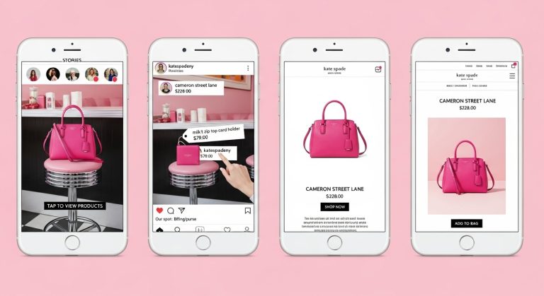 quarto iphones com o instagram aberto no shopping do app, com fundo rosa mostrando 3 formas de fazer o instagram da sua loja crescer