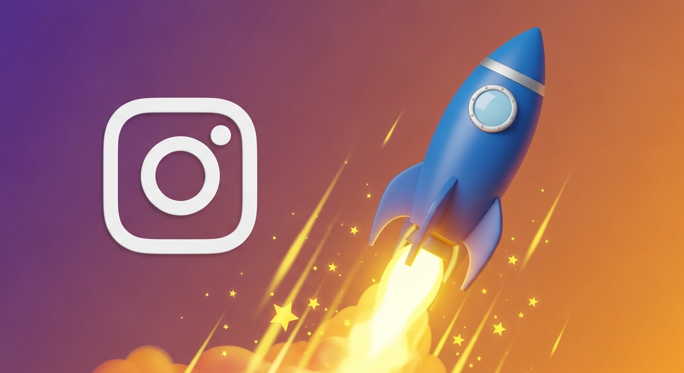 Um foguete em ascensão ao lado do logotipo do Instagram, ilustrando o potencial de decolagem e o crescimento exponencial que se pode alcançar na plataforma para quem busca crescer no Instagram em 2025