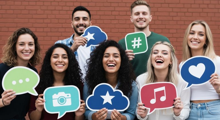 Um grupo de seis pessoas sorrindo e segurando ícones de mídia social. A imagem sugere a força e a representatividade dos micro influenciadores na comunicação digital.