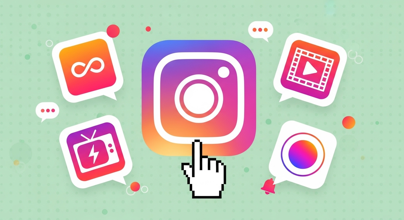 Ilustração digital mostrando o logotipo do Instagram e outros ícones de mídia social, com um cursor clicando no centro, simbolizando o caminho para ganhar 500 mil seguidores.