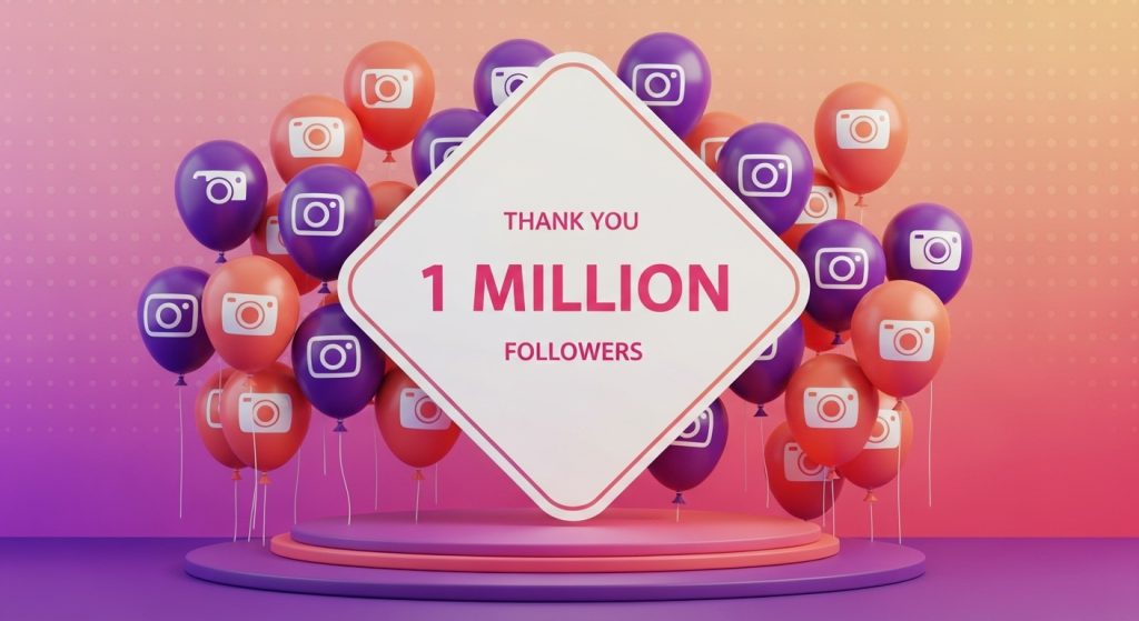 Palco decorado com balões roxos e laranjas com o ícone do Instagram e uma placa central com a frase “Thank you 1 million followers”, representando o resultado de estratégias eficazes sobre como ganhar milhares de seguidores no Instagram.