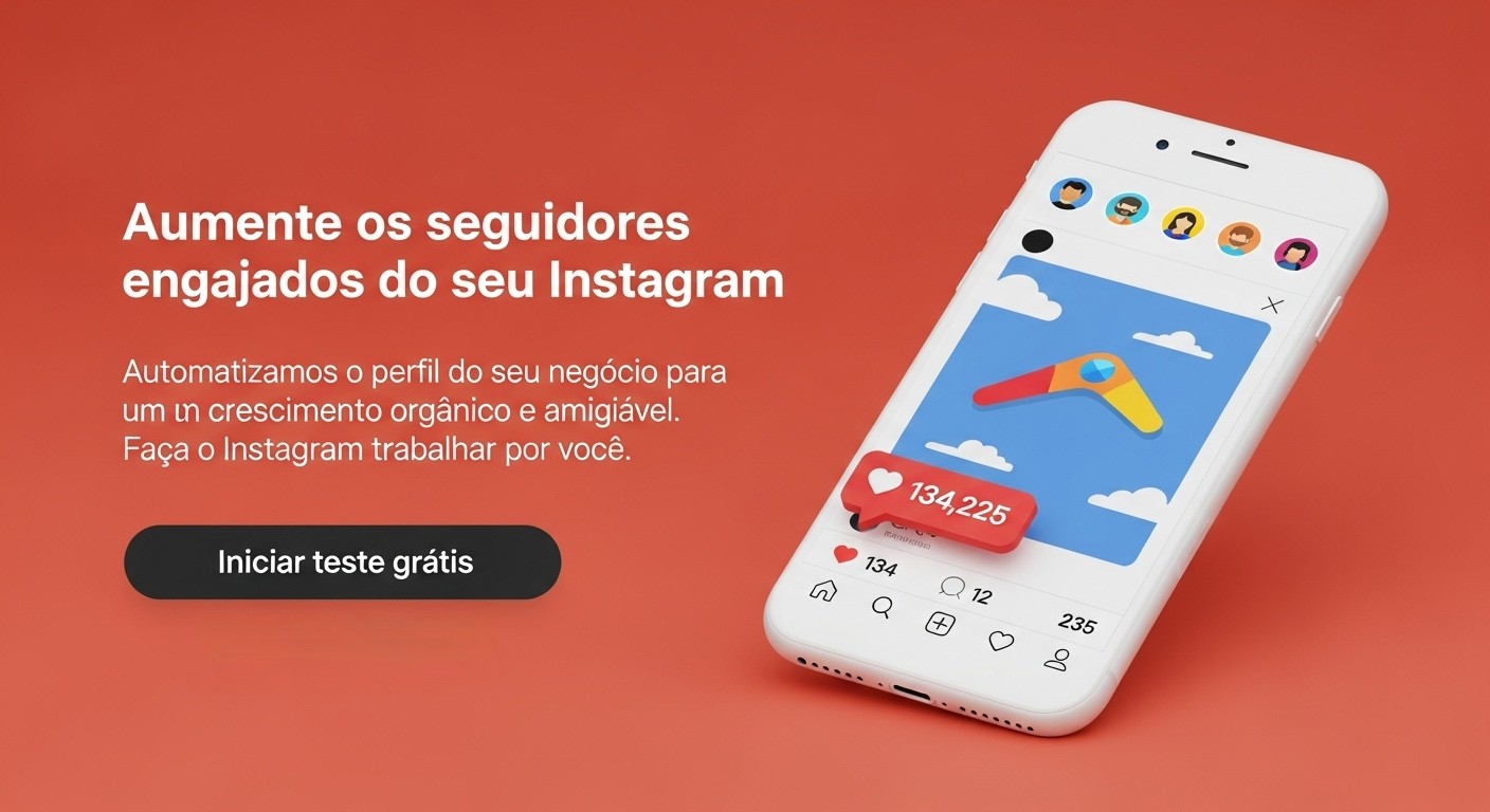 Reels Criativos: Como Ganhar Seguidores no Instagram Usando Vídeos Curtos em 2025 4 Banner promocional com fundo vermelho incentivando a ganhar seguidores no Instagram. A imagem exibe um smartphone com a interface do Instagram aberta, mostrando curtidas, comentários e interações em uma postagem. O texto destaca o aumento de seguidores engajados por meio de automação e crescimento orgânico.