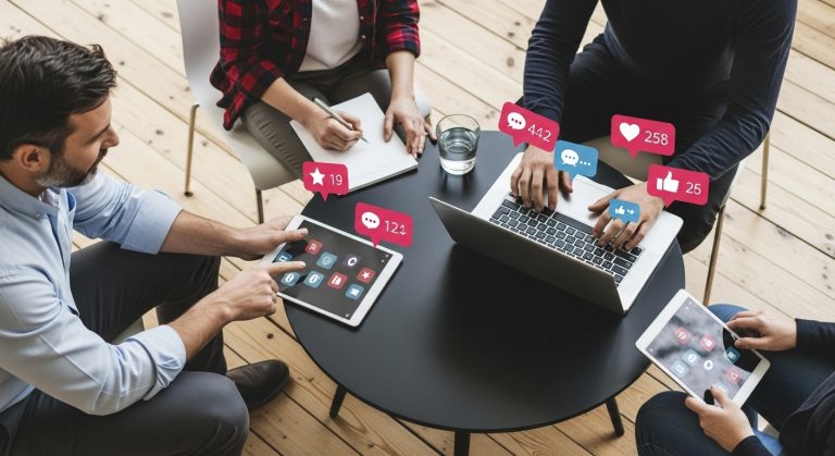 Vista superior de quatro pessoas sentadas ao redor de uma mesa redonda, interagindo com laptops e tablets que exibem ícones de redes sociais. Balões de fala e corações com números de curtidas e comentários flutuam acima dos dispositivos. A imagem representa uma equipe engajada em estratégias de Instagram Marketing, analisando métricas e planejando conteúdo para redes sociais.
