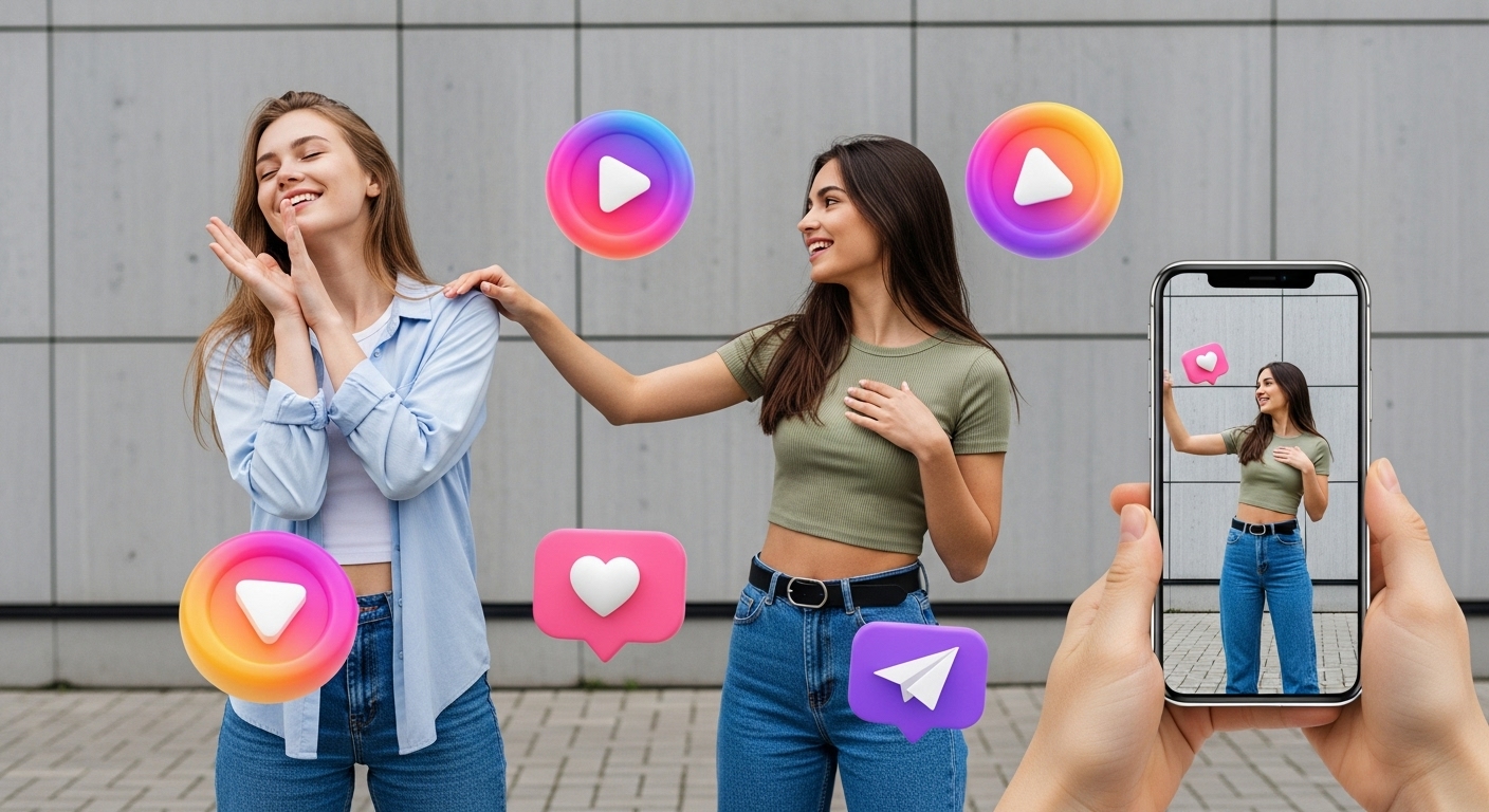 A imagem mostra a produção de conteúdo de vídeo com modelos e os elementos de engajamento das redes sociais. Isso sugere a importância de criar vídeos dinâmicos e envolventes para alcançar viralidade e crescer no Instagram em 2025.