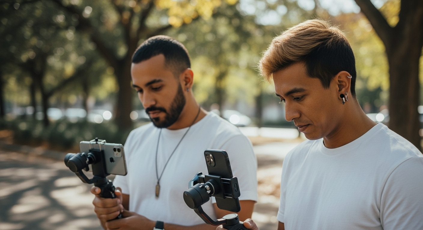 Dicas que você deve fazer no Reels: Como Criar Conteúdos de Sucesso no Instagram 2 Dois criadores de conteúdo ao ar livre gravando e ajustando equipamentos para produzir Reels no Instagram, mostrando a preparação para criar vídeos de alta qualidade.