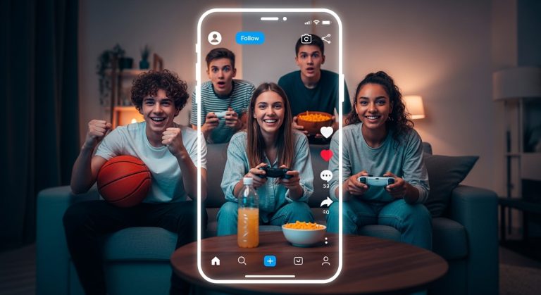 Jovens se divertindo enquanto aparecem em destaque em um design simulado de Reels, destacando o engajamento e interação criativa no Instagram.