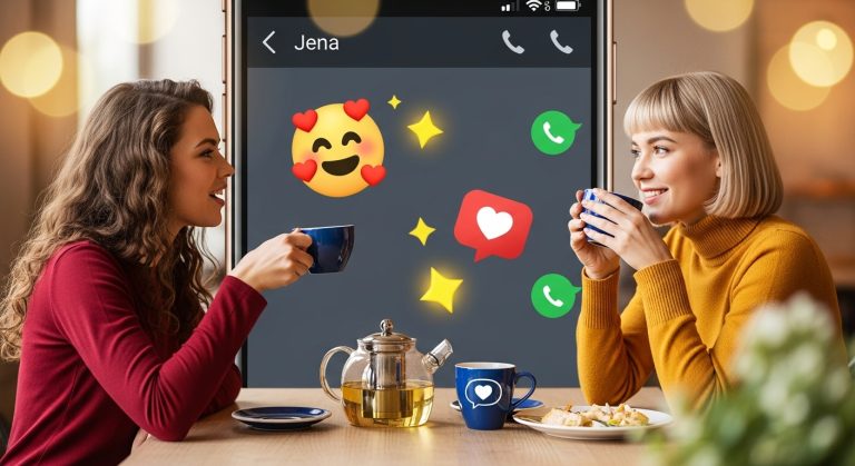 Duas mulheres conversando em uma mesa com emojis flutuando e celular gigante de fundo descobrindo duas dicas para ganhar muitos seguidores no instagram