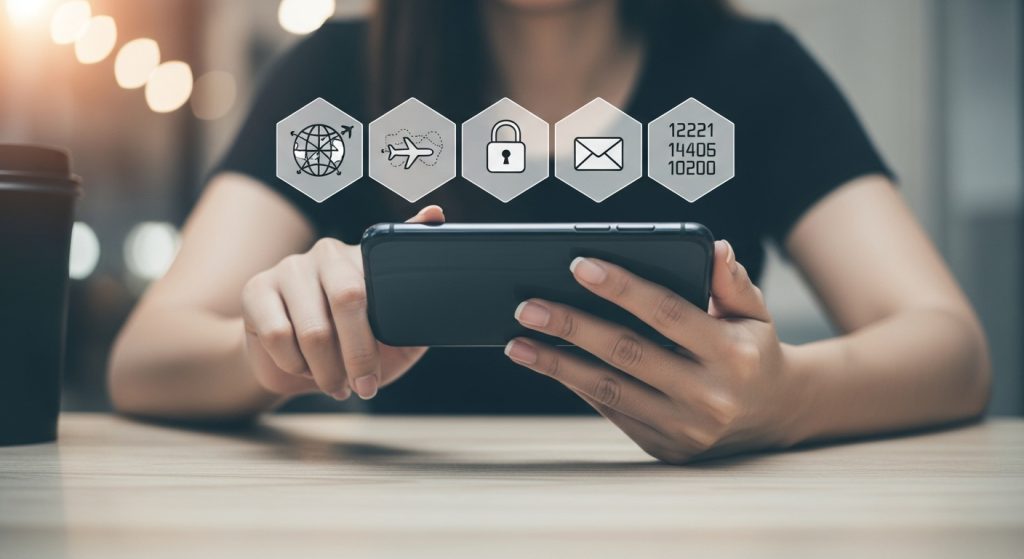 Uma mulher sentada, apoiando seus braços na mesa segurando seu celular. Acima do seu celular várias notificações de imagens ilustrativas de cadeado, código de segurança, caixa de email, notificações em geral sobre tecnologia. Privacidade e Segurança para Criadores de Conteúdo.
