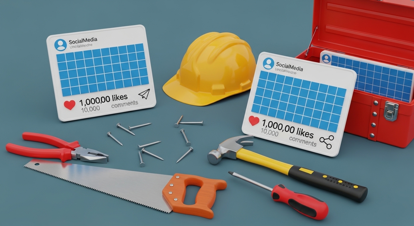 Representação simbólica de ferramentas e capacete de obra ao lado de gráficos de redes sociais, sugerindo a construção de estratégias para ganhar seguidores no Instagram de forma estruturada e planejada.