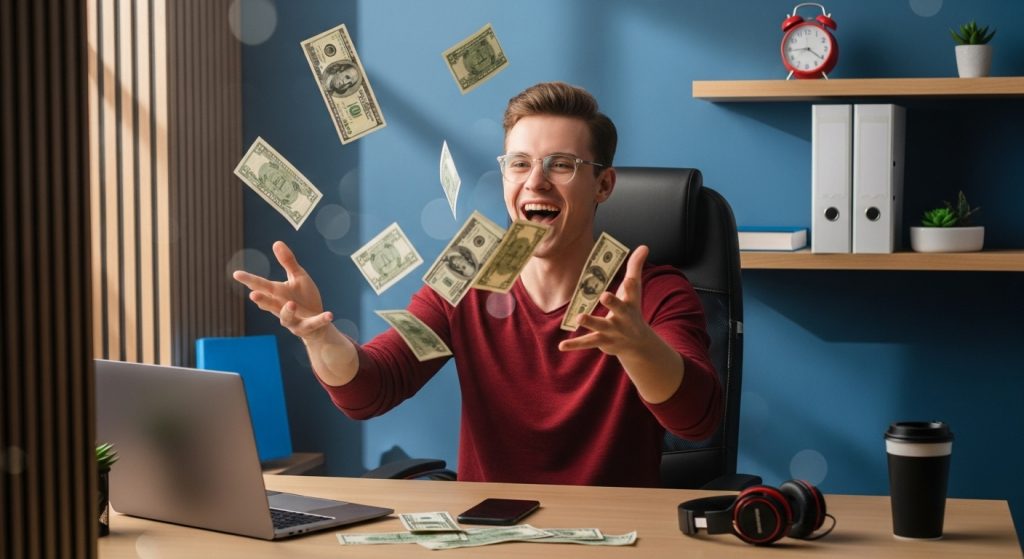 Homem sentado em uma mesa de trabalho, segurando maços de dinheiro enquanto expressa entusiasmo, simbolizando os ganhos financeiros possíveis com o Instagram. Saiba com quantos seguidores começa a ganhar dinheiro no Instagram.