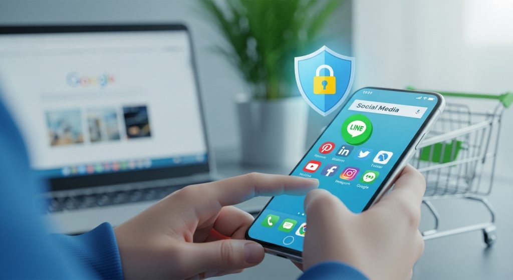 Usuário acessando aplicativos de redes sociais no smartphone, com um ícone de cadeado azul e um check verde em destaque. A segurança do Instagram é fundamental para proteger contas contra acessos indevidos, exigindo o uso de autenticação em duas etapas e senhas fortes. Como Configurar a Segurança do Instagram