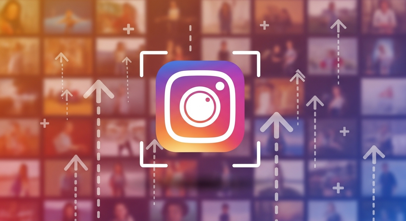 O Algoritmo Mudou! Aprenda de uma vez por todas a única estratégia para crescer no Instagram 2025 1 A imagem de um ícone do Instagram em um cenário de diversas fotos e setas de progresso, enfatiza a variedade de conteúdo e as diferentes formas de interação. Isso contrapõe a ideia de a única estratégia para crescer no Instagram, sugerindo que o sucesso depende de uma combinação de fatores e da adaptação constante