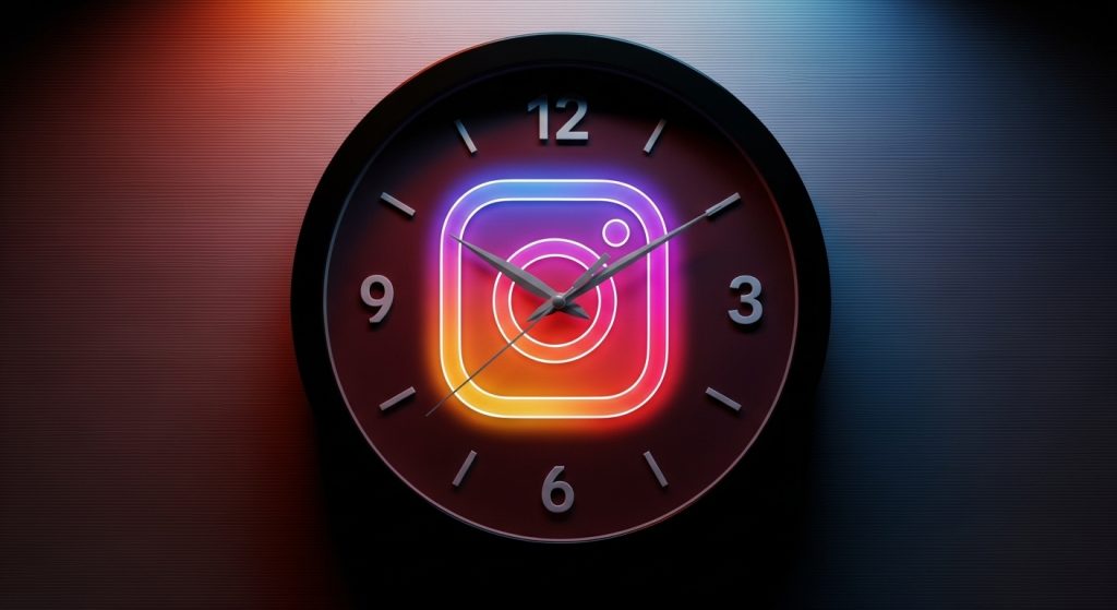Relógio com o logotipo do Instagram iluminado no centro, simbolizando a importância de escolher o melhor horário para postar no Instagram e alcançar mais engajamento nas redes sociais.