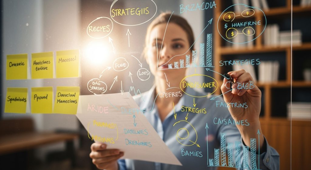 Pessoa analisando estratégias em um painel transparente com gráficos e anotações, representando planejamento para ganhar seguidores no Instagram de forma eficiente.
