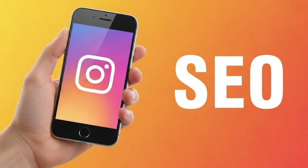 Uma mão segurando um smartphone com o logotipo do Instagram na tela, e a palavra 'SEO' em destaque ao lado em um fundo laranja e amarelo. A imagem ilustra a importância do SEO para redes sociais, especificamente no contexto do Instagram, para aumentar a visibilidade.