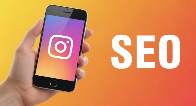 Uma mão segurando um smartphone com o logotipo do Instagram na tela, e a palavra 'SEO' em destaque ao lado em um fundo laranja e amarelo. A imagem ilustra a importância do SEO para redes sociais, especificamente no contexto do Instagram, para aumentar a visibilidade.