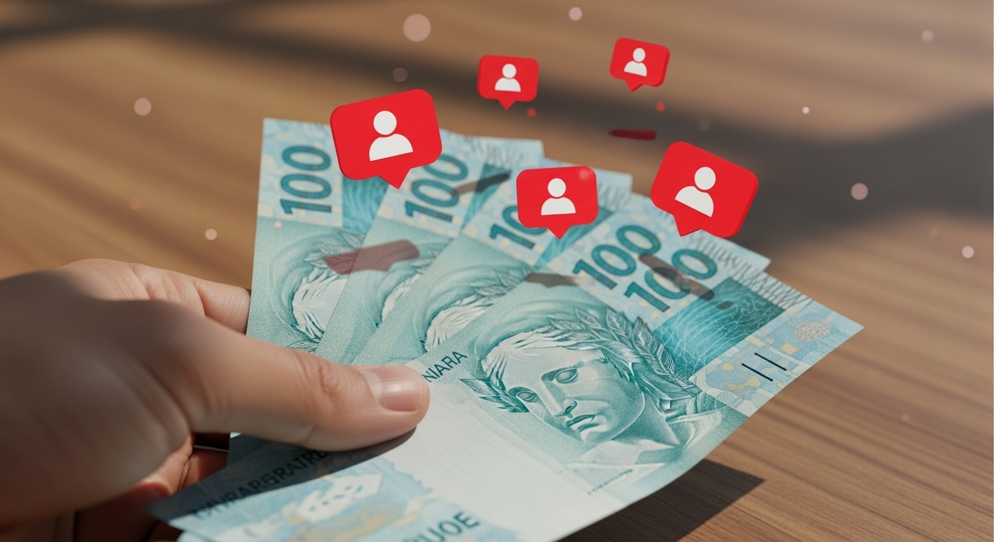 Dicas que você deve fazer no Reels: Como Criar Conteúdos de Sucesso no Instagram 3 Mão segurando notas de cem reais com ícones de seguidores flutuando, representando como os Reels podem ser usados para atrair seguidores e gerar renda no Instagram.