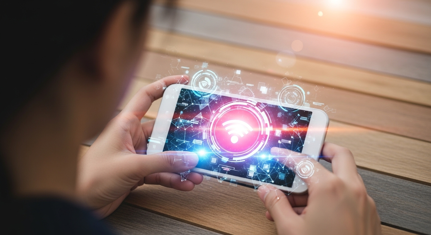 Privacidade e Segurança para Criadores de Conteúdo 1 Pessoa segurando iphone com ícone de Wi-Fi em destaque na tela, cercado por elementos digitais, representando o papel da privacidade e segurança na proteção de dados em redes sem fio.