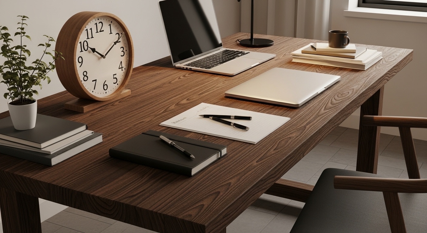 Qual o Melhor Horário para Postar no Instagram? 2 mesa de madeira com materiais de trabalho home office, e mostrando um relogio de ponteiro, mesa de madeira com materiais de trabalho melhor horario pra postar no instagram