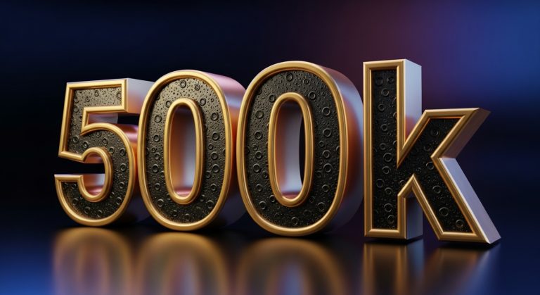 Número 500k em destaque com design dourado e elegante, representando a conquista de ganhar 500 mil seguidores nas redes sociais.