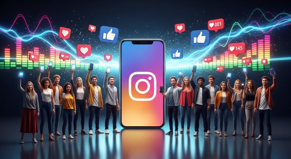 A imagem de uma comunidade de usuários reunida em torno do Instagram, com indicadores de engajamento e crescimento, descubra a única maneira de crescer no instagram em 2025