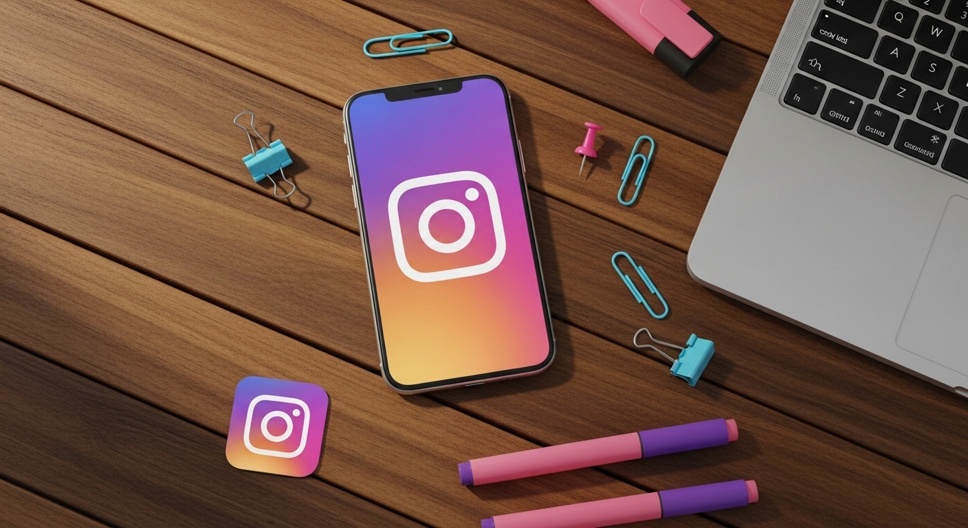 Aprenda a VIRALIZAR no INSTAGRAM (De uma vez por todas) 3 iphone com a logo do Instagram sobre mesa de madeira ao lado de itens de escritório, simbolizando estratégias de organização e criatividade para viralizar no Instagram