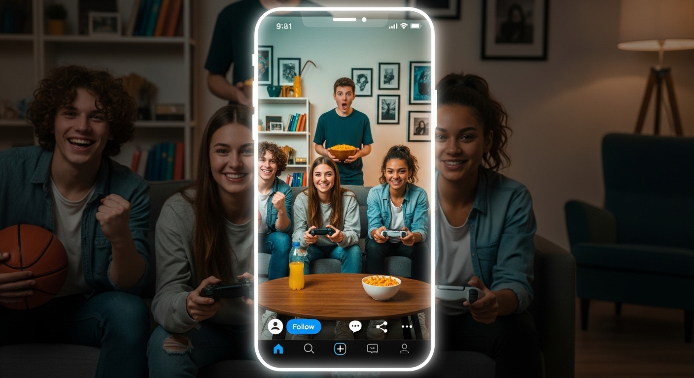 Aprenda a VIRALIZAR no INSTAGRAM (De uma vez por todas) 1 Grupo de jovens se divertindo com videogame enquanto aparecem em destaque na tela de um smartphone com interface de rede social, simbolizando momentos autênticos e espontâneos que têm potencial para viralizar no Instagram