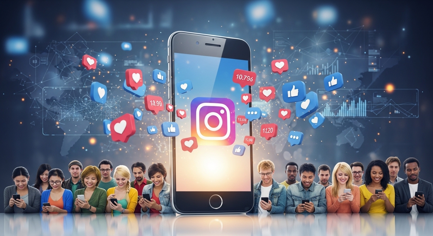 Duas Dicas Para Ganhar Muitos Seguidores no Instagram: Estratégias Simples e Eficazes 3 varias pessoas felizes mexendo em seu celular descobrindo duas dicas para ganhar muitos seguidores no instagram, com um iphone gigante com a logo do instagram e emojis flutuando