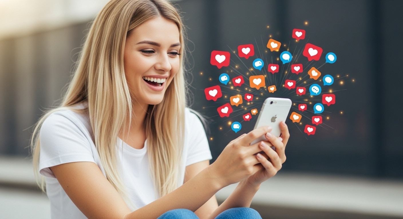 Como crescer no Instagram: As Estratégias em Alta para 2025 9 mulher jovem olhando para o iphone e rindo, com icones de engajamento ao redor do iphone, crescer no instagram