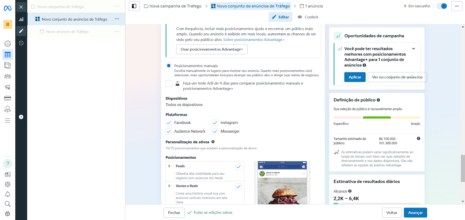  Interface do Gerenciador de Anúncios do Meta na etapa de seleção de posicionamentos. As opções de Facebook, Instagram, Audience Network e Messenger estão ativadas, e os posicionamentos incluem Feeds e Stories & Reels. Há um aviso recomendando o uso do Advantage+ para melhores resultados. Essa configuração é essencial para quem quer aprender como anunciar no Instagram.