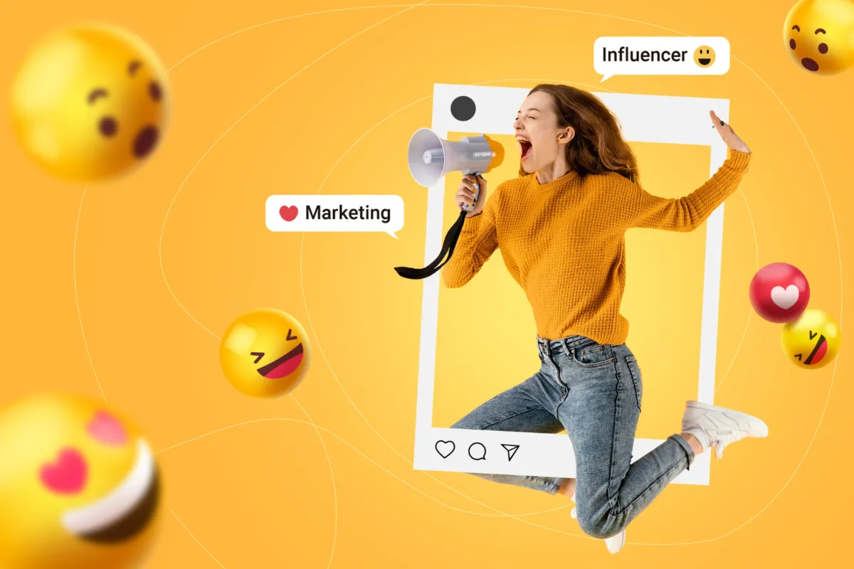 Imagem vibrante de uma influenciadora digital pulando com um megafone, cercada por emojis e elementos de redes sociais. A cena destaca a importância do marketing e do engajamento online, sugerindo que comprar seguidores pode impulsionar a visibilidade e o crescimento digital.