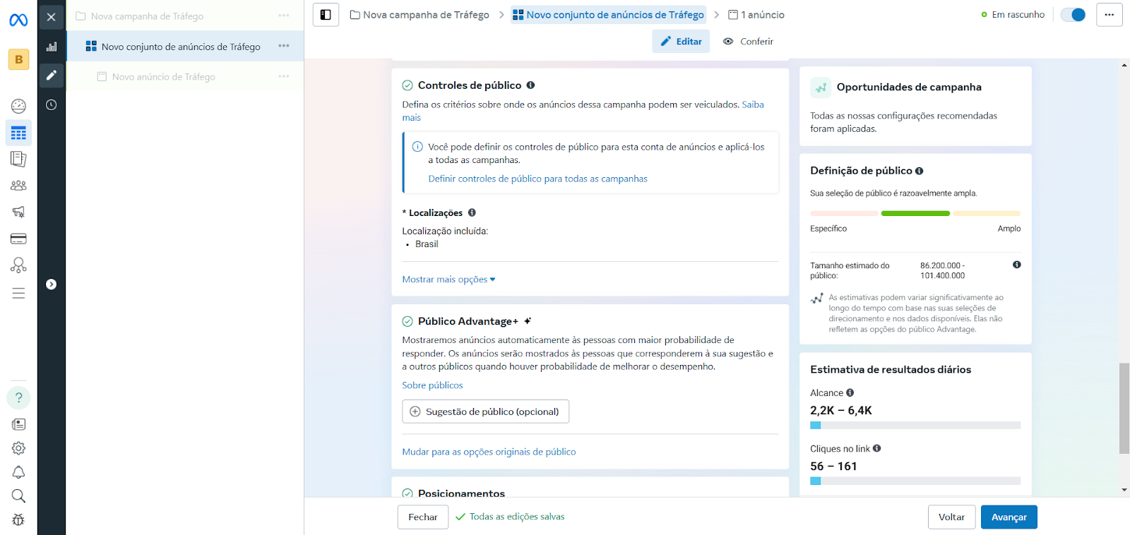  Captura de tela do Gerenciador de Anúncios do Meta mostrando a configuração de um conjunto de anúncios para tráfego. A tela exibe opções de controle de público, localização definida como Brasil e a ativação do Público Advantage+. No lado direito, há estimativas de alcance diário e cliques. Esse é um dos passos de como anunciar no Instagram.