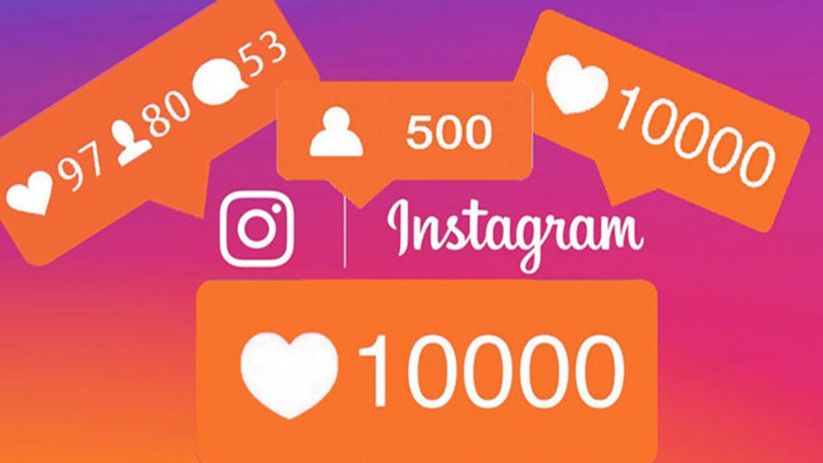 Um fundo degradê do Instagram com várias notificações em laranja, destacando números como “10.000 curtidas”, “500 seguidores” e “97 curtidas, 80 seguidores e 53 comentários”. O logotipo do Instagram está no centro da imagem. Essa composição visual remete à ideia de comprar seguidores e curtidas para turbinar a presença digital na plataforma.