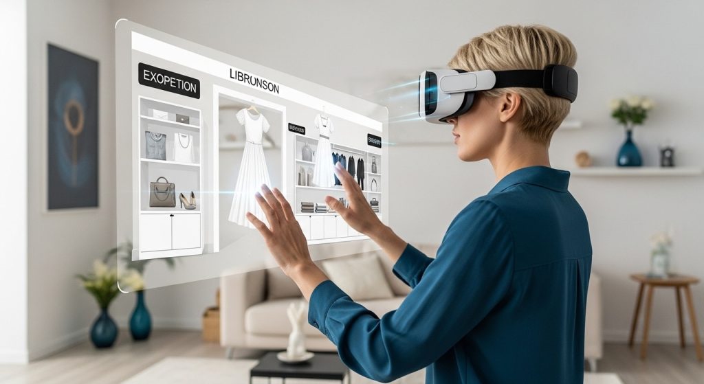 Uma mulher usando óculos de realidade virtual experimenta uma experiência de compra online imersiva, interagindo com um holograma de loja digital. A cena representa o futuro do e-commerce e a importância de estratégias inovadoras para vendas. Para quem deseja vender mais, entender como anunciar no Instagram é essencial para atrair clientes e destacar produtos no ambiente digital.