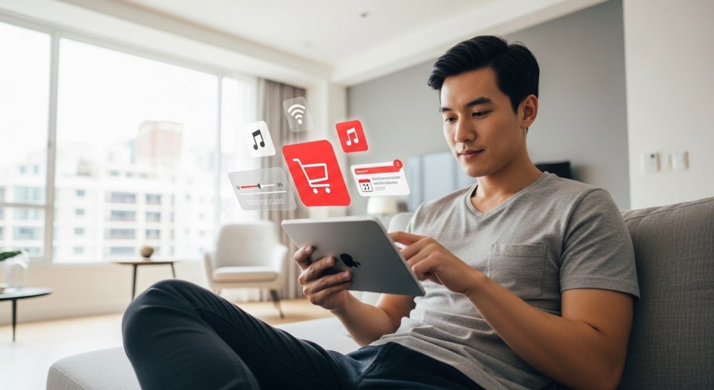 Uma pessoa sentada em um ambiente moderno e confortável, olhando para a tela do ipad e interagindo com ícones digitais, como um carrinho de compras, simbolizando como comprar seguidores