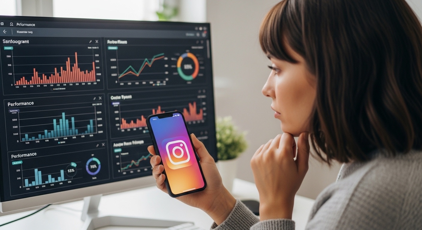 Como Anunciar no Instagram: Um Guia Completo para Alavancar Seu Negócio 6 Uma mulher segura um iphone exibindo o logotipo do Instagram, enquanto no monitor à sua frente aparecem gráficos de métricas de desempenho. Essa imagem representa a análise de dados e estratégias para quem deseja aprender como anunciar no Instagram de forma eficiente.