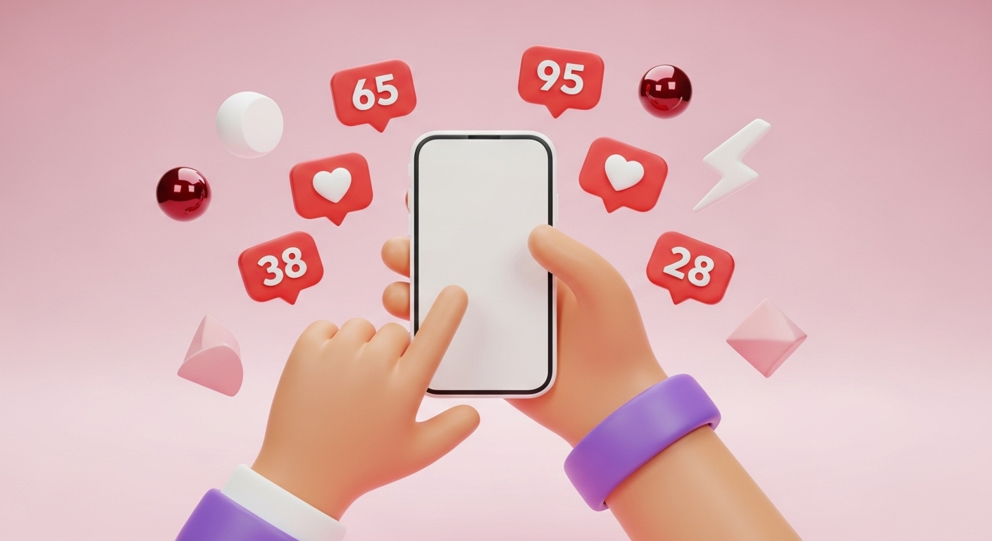 Como Comprar Seguidores Baratos: Aumente Suas Vendas e Engajamento de Forma Rápida 1 Ilustração digital de mãos segurando um celular com notificações de curtidas, simbolizando o aumento instantâneo de interações após comprar seguidores barato.