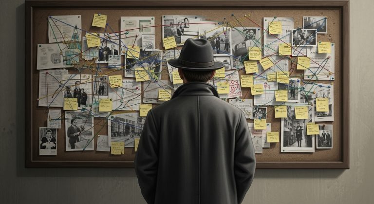 Um homem de chapéu e sobretudo está de costas, analisando um grande quadro cheio de fotos, anotações e conexões. Ele parece estar investigando algo minuciosamente, como um verdadeiro Detetive do Instagram, tentando descobrir quem está stalkeando seu perfil.