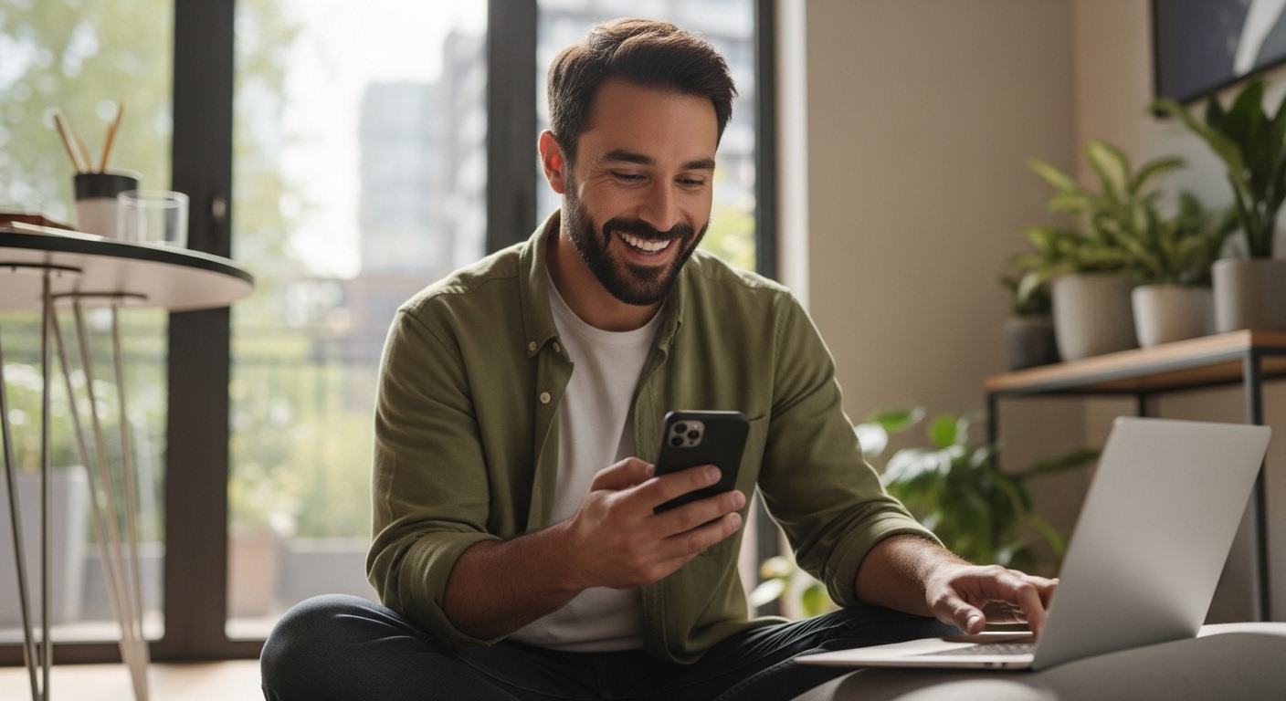 As melhores hashtags para Instagram: O Guia Definitivo para Alcançar Mais Engajamento com o uso das Hashtags 3 Homem sorridente sentado no chão de casa, segurando um smartphone e olhando para a tela com entusiasmo. Ao lado dele, há um notebook aberto, sugerindo que ele está trabalhando ou gerenciando suas redes sociais. A cena transmite a ideia de alguém explorando estratégias digitais, possivelmente pesquisando ou usando hashtags para Instagram para aumentar o engajamento de suas publicações."